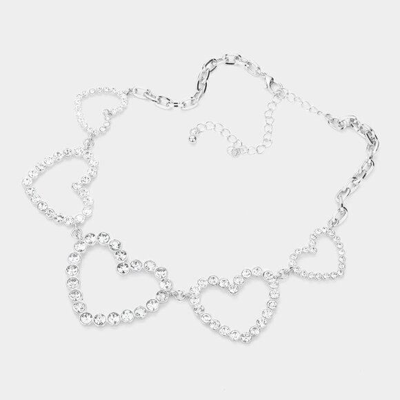 NEW Heart Crystal Silver Necklace Set Y2K - Picture 1 of 8